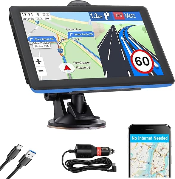 7" GPS Sat Nav for Truck Car RV, Offline Navigation UK & Europe Maps HD Touchscreen, Voice Guidance, Type-C, Sun Visor & Mount, Speed Limit Warnings, Postcode Search Quick GPS Fix - 1