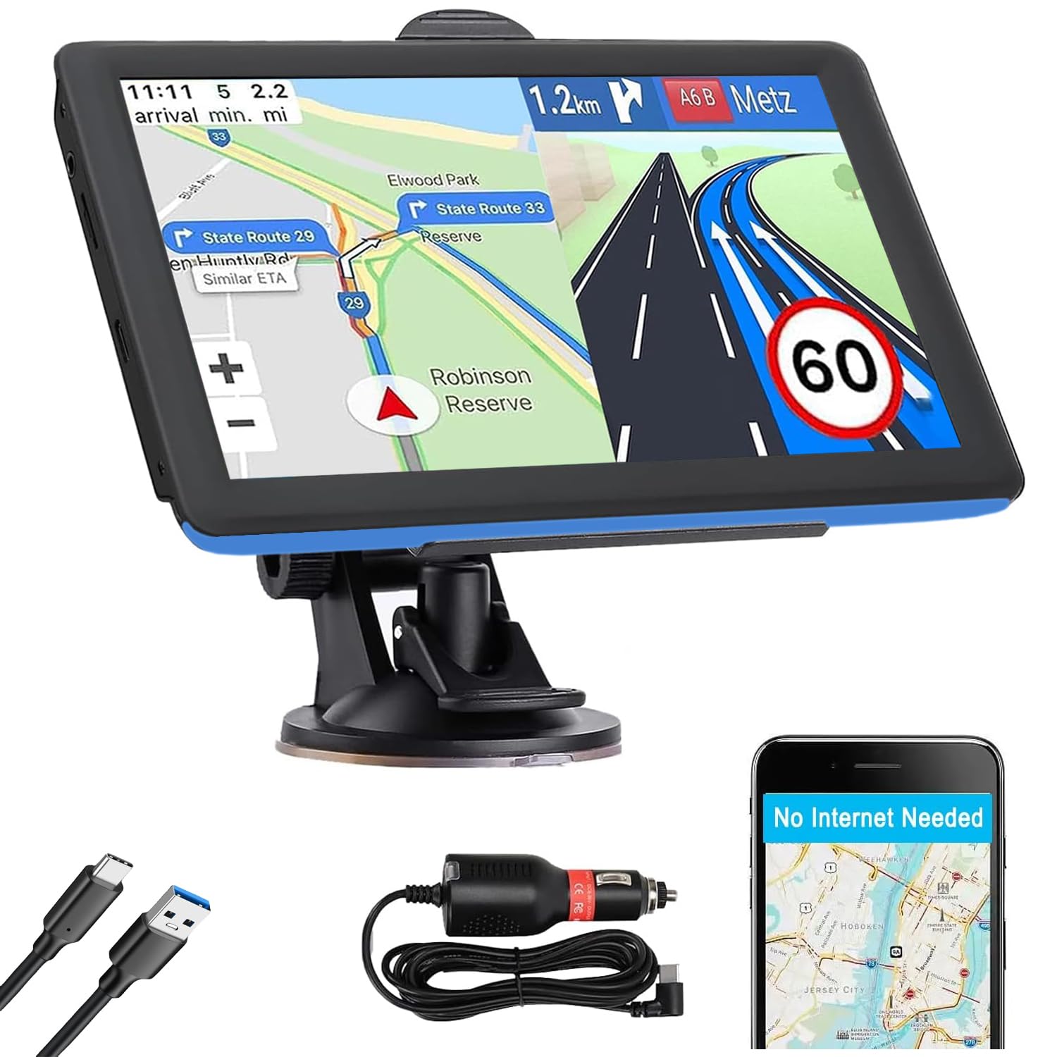 7" GPS Sat Nav for Truck Car RV, Offline Navigation UK & Europe Maps HD Touchscreen, Voice Guidance, Type-C, Sun Visor & Mount, Speed Limit Warnings, Postcode Search Quick GPS Fix