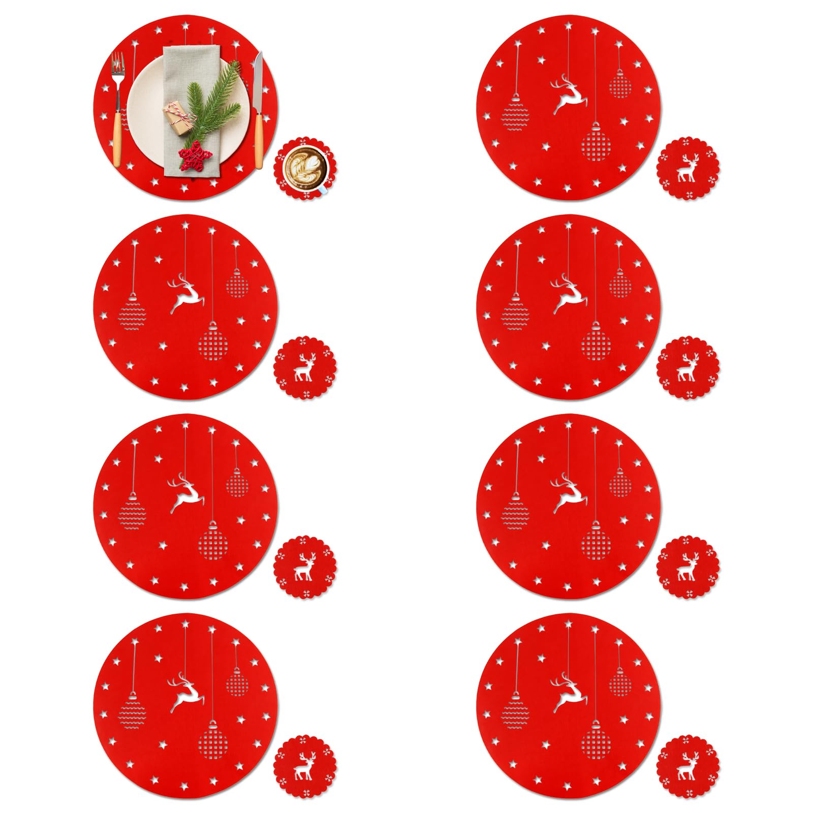 Manteles Individuales Navidad, XIMEY 8 Manteles Individuales y 8 Posavasos, Mantel Individual Navidad, Juego de Manteles Individuales de Papá Noel y Renos, Adecuado para la Cena de Navidad (Alce)