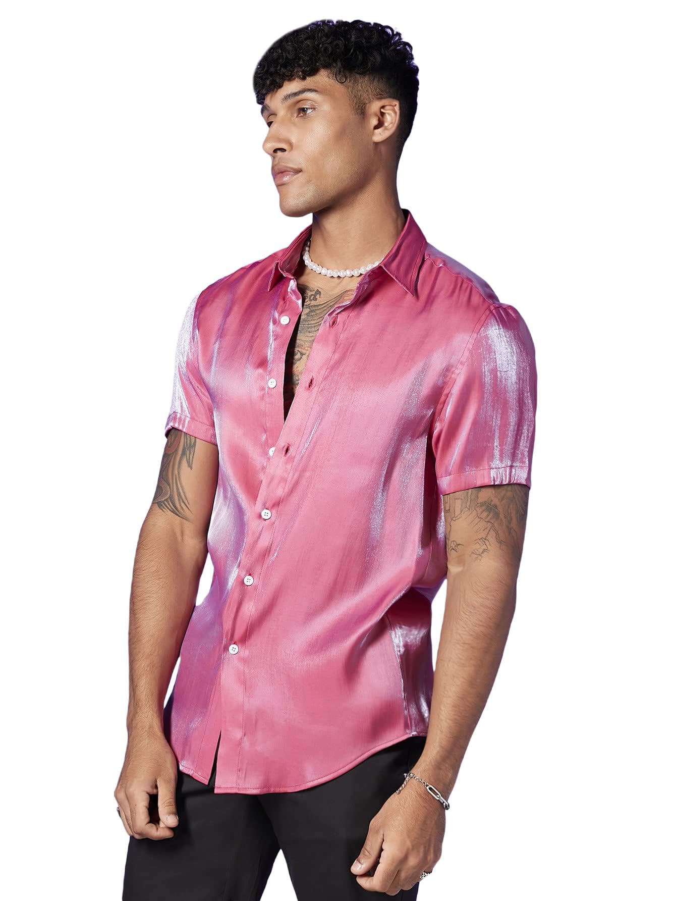 WDIRARAMen's Silk Satin Metallic Button Down Short Sleeve Collared Shirts Rave Disco Club Tops