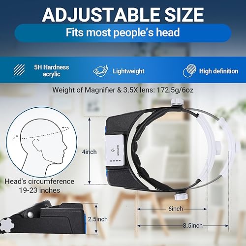 Miniatura 5 de YOCTOSUN Lupa con luz para trabajo cercano, lupa recargable con 4 lentes 1.5X-3.5X, visera de aumento de cabeza manos libres para pasatiempos,