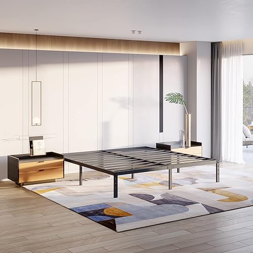 Miniatura 15 de Marco de cama matrimonial de 14 pulgadas, no necesita somier, marco de cama de plataforma de metal resistente, fácil montaje, sin ruido, color negro