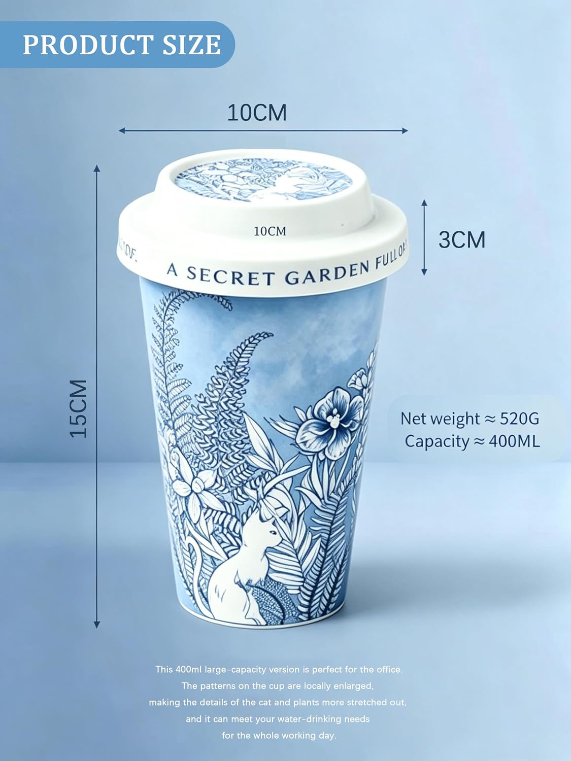 YQ&AMK 13.5 oz Blue Porcelain Coffee Mug with Ceramic Lid,Elegant Tea Cup with Versatile Lid (Doubles as Coaster), Microwave & Dishwasher Safe, Ideal for Home, Office(Blue and white porcelain - cat) image 5