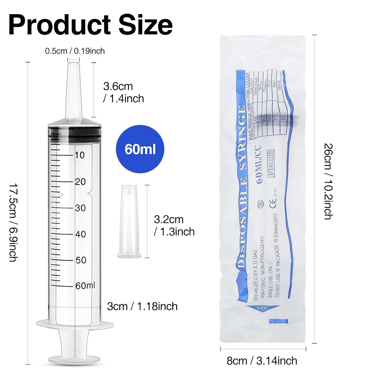 DONQL 6 Pack 60ml Plastic Syringe with Cap, Individually Packaged Sterile Feeding Syringe for Pets Labs, Food, Dispensing, Watering - Image 4