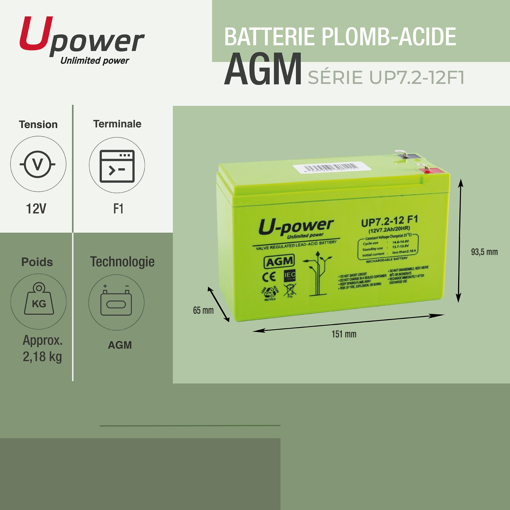 U-Power Batería piombo AGM Sigillata 7.2Ah 12V Faston F1 4.8mm