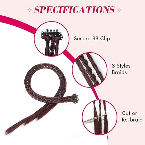 Miniatura 2 de REECHO 6 extensiones de cabello trenzado con clip, trenzas de bebé, 22 pulgadas de largo, natural, suave, sintético, para mujeres y niñas (borgoña)