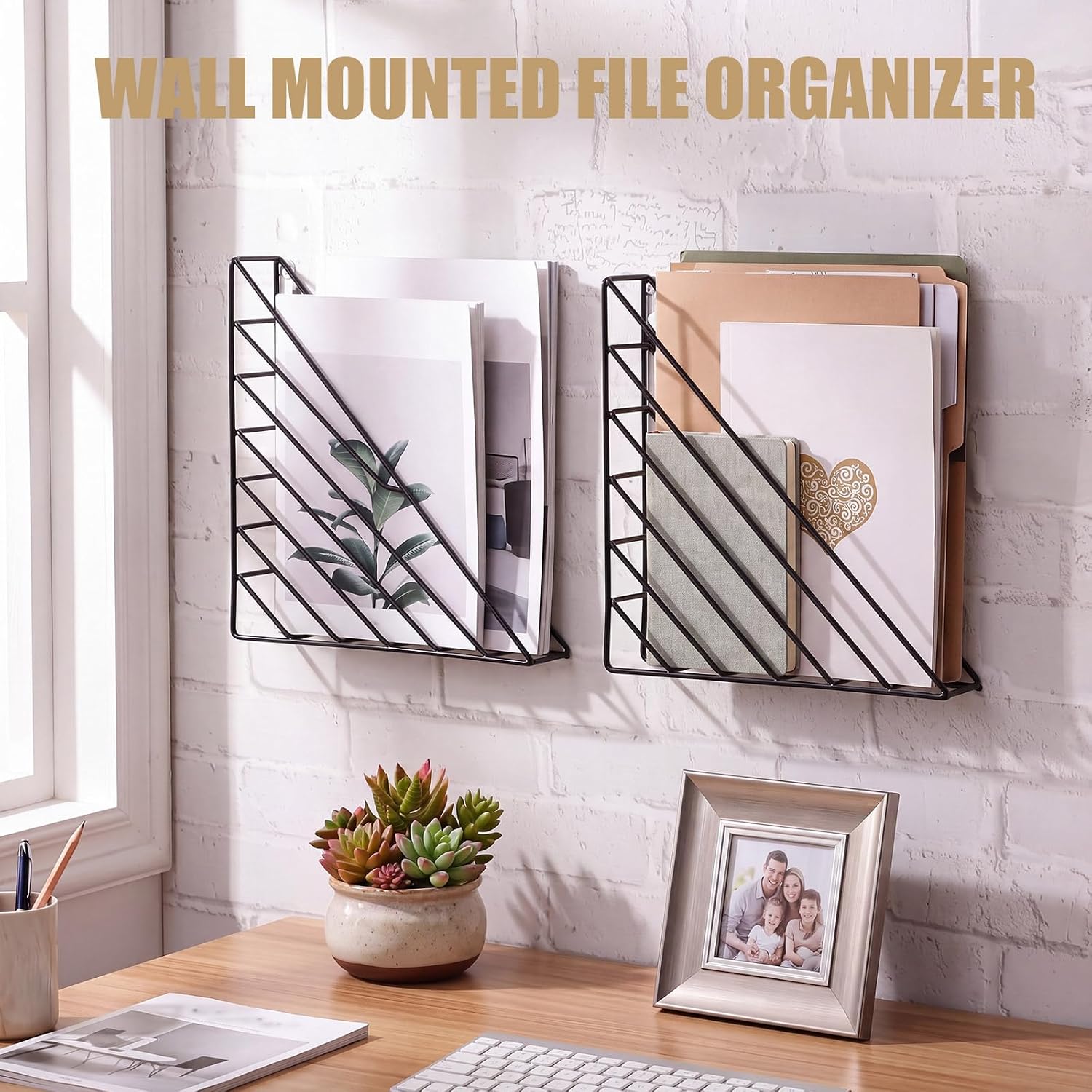 Wenqik 6 Pcs Wall Mounted File Organizers, Metal Triangle Wall Magazine Rack Holders for Bathroom, Hanging Magazine Basket File Folders for Mail Book Document Home Office and Classroom Storage, Black