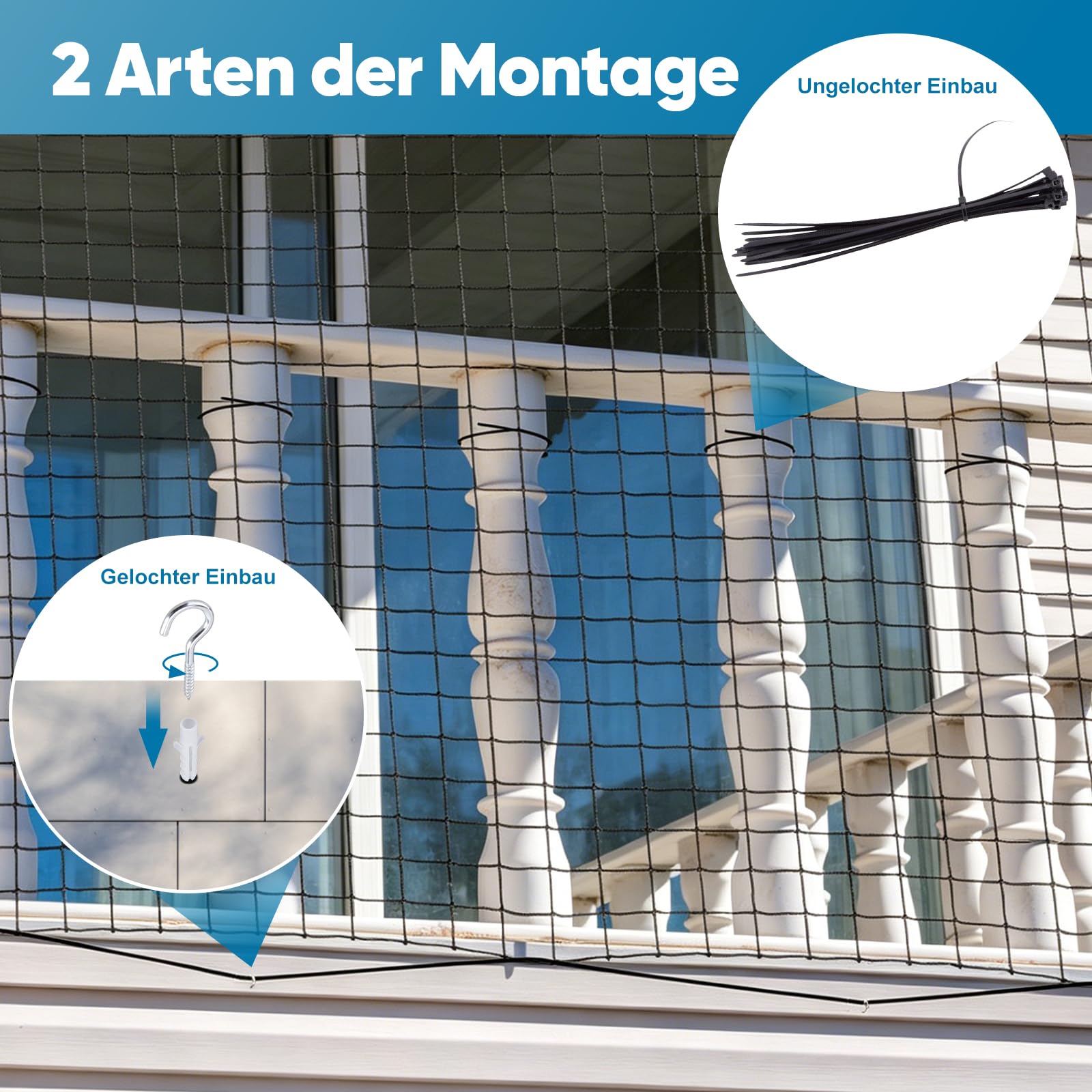 6x3m Katzennetz Drahtverstärkt für Balkon mit Montagezubehör Schwarz | Reißfest und Bissfest und alterungsbeständig durch Nylon(HDPE) und Stahldrahtmaterial, Für Balkonen Fenstern Türen Zäunen