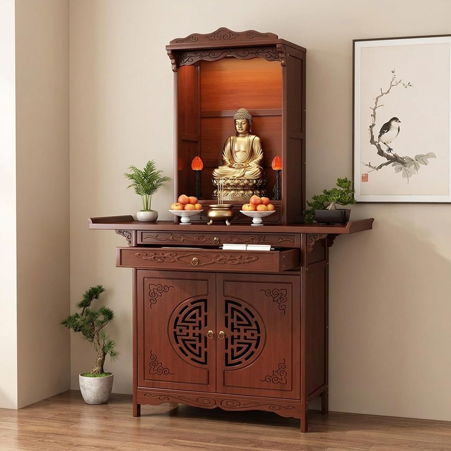 Buddhist Altar Table with Storage Cabinet, Solid Bamboo Meditation Stand for Home Shrine, Tiered Prayer Offering Table with Drawers, Stable Zen Furniture for Temple Display