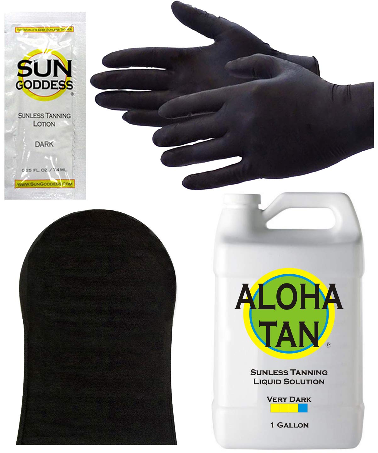 ALOHA TAN – VERY DARK - Spray Tan Solution - Gallon - Sunless Self Tanning Liquid for Airbrush or HVLP System + INCLUDES: Applicator Mitt, Application Gloves, Best Fake Tanner Lotion Mousse Sample