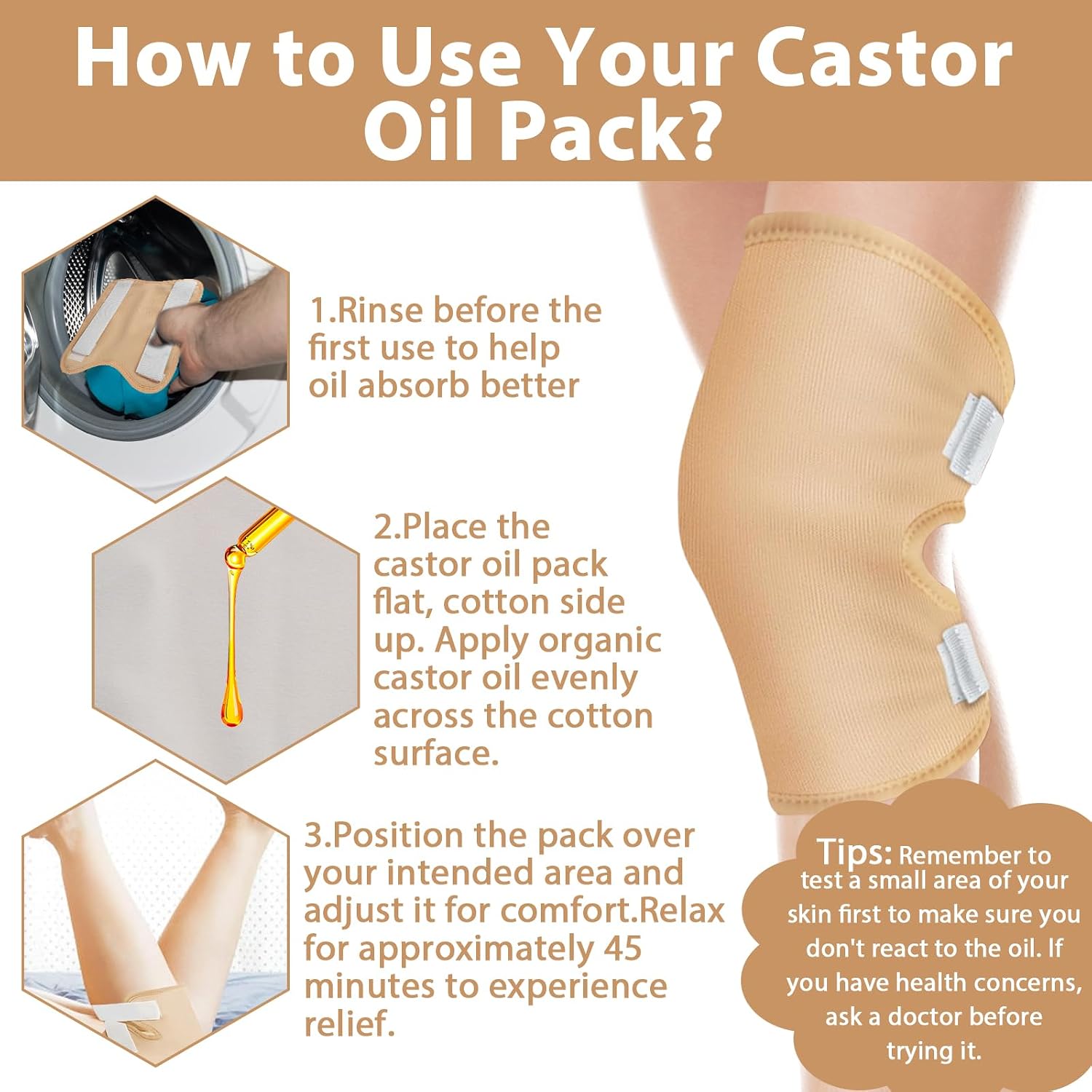 Castor Oil Knee Wrap, Caster Oil Compress Pad Pack Wrap Organic Cotton for Knee Elbow Arm Thigh, Adjustable Velcro Elastic Strap Waterproof Anti Oil Leak Reusable(Skin Color)