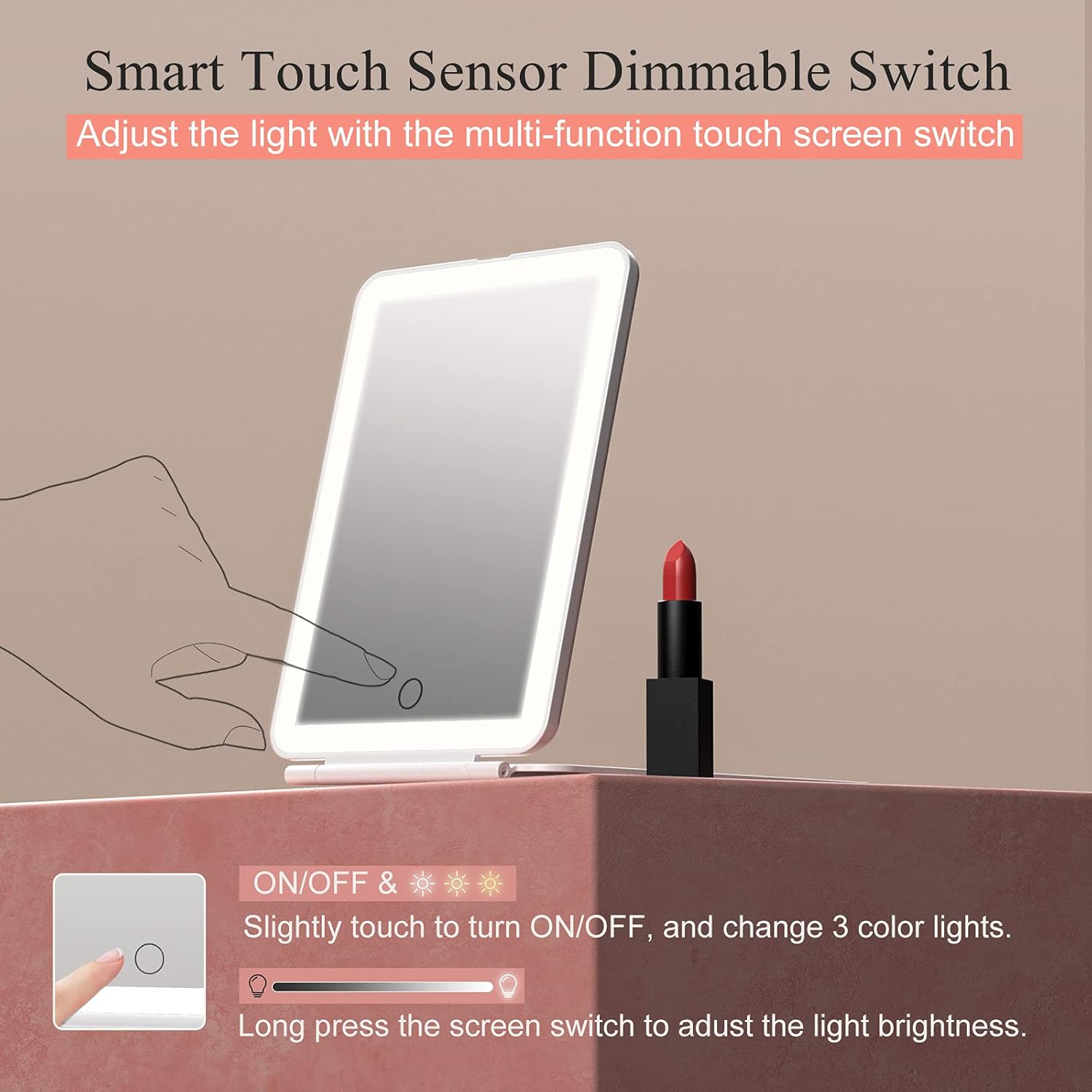 Rechargeable Makeup Vanity Mirror with 72 Led Lights, Lighted Travel Portable Light up Beauty Mirror, 3 Color Lighting, Dimmable Touch Screen, Tabletop Desk LED Foldable Cosmetic Mirror with Lights -