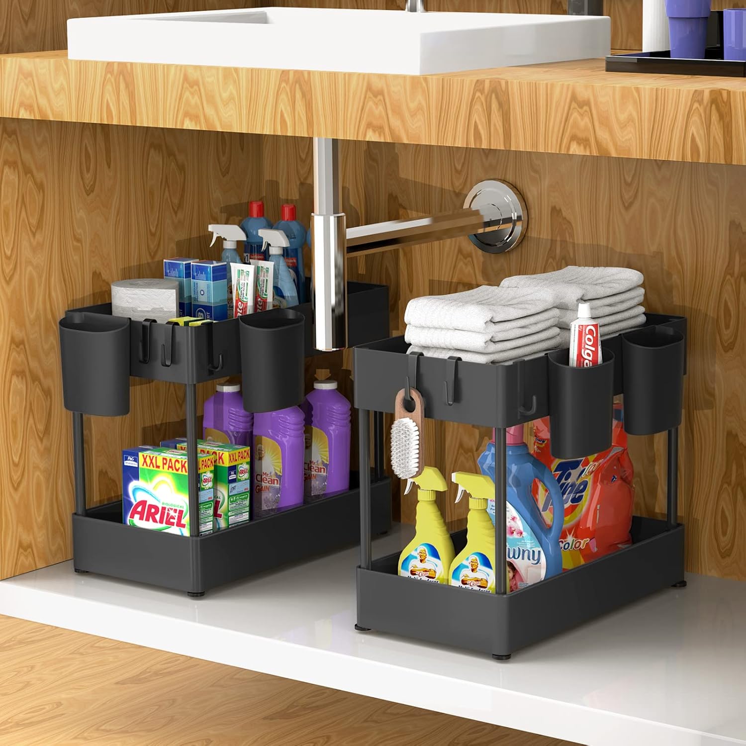 FURTIME 2 Pack Under Sink Organizer, 2 Tier Under Sink Shelf with 6 Hooks 4 Hanging Cups and 8 Non-slip Foot, Suitable for Bathroom, Kitchen, Cosmetic Dresser and Narrow Space Storage Rack, Black