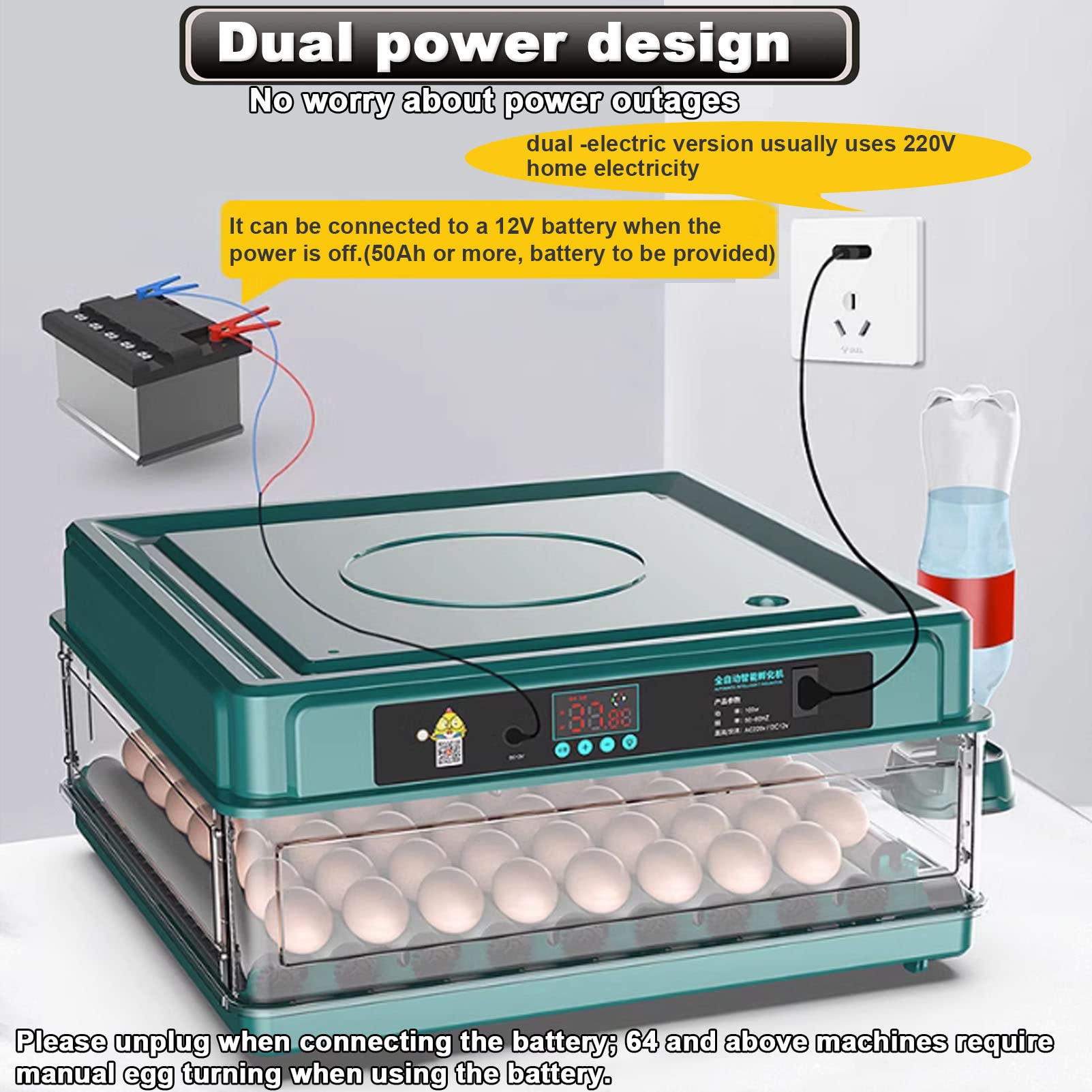 Incubadora de Huevos 48/56/64/98/120/128 Totalmente automática para Pollitos con volteador automático y adición de Agua. Ideal para incubar Huevos de gallina, Pato, Ganso y Paloma.