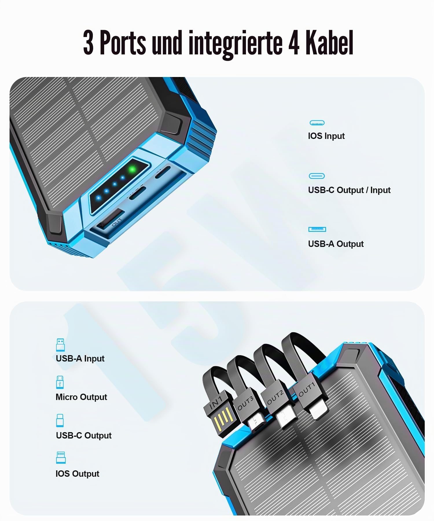 Wireless Solar Powerbank 26800mAh mit 4 Kabel, 15W Schnellladung für Handy