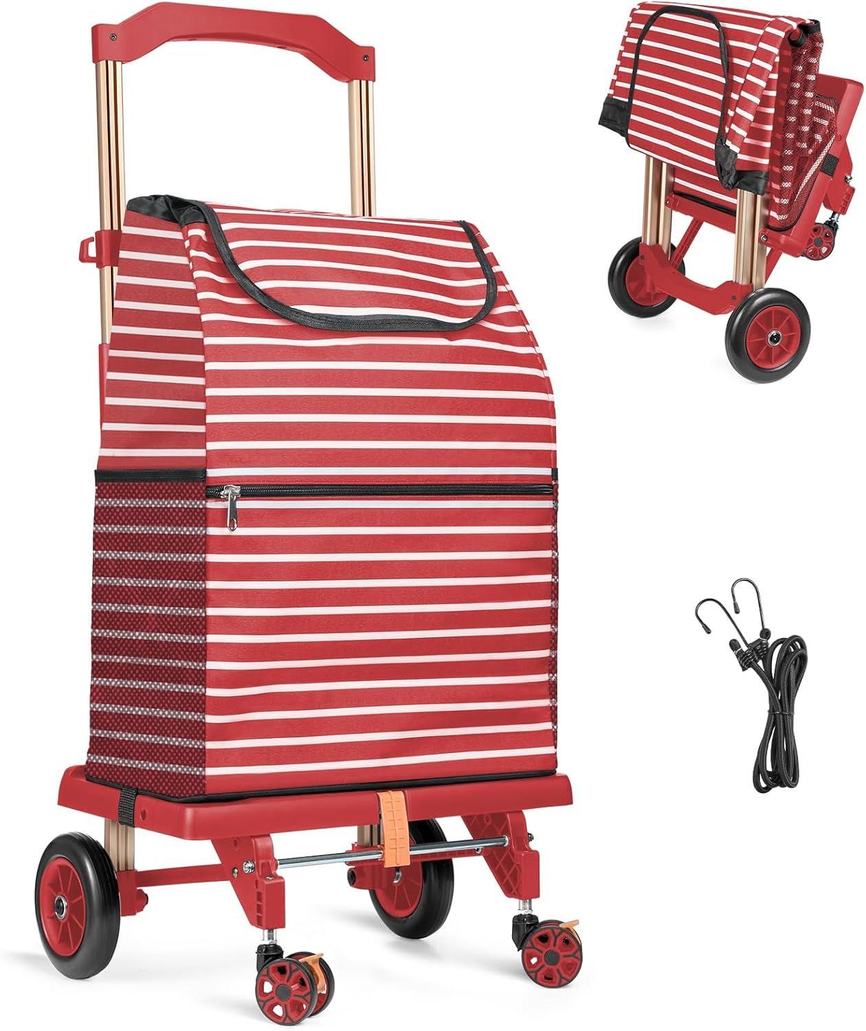 2-in-1 Shopping Cart for Groceries, Lightweight Aluminum Grocery Cart on Wheels and 50L Removable Waterproof Shopping Bag for Moving, Camping (Red)