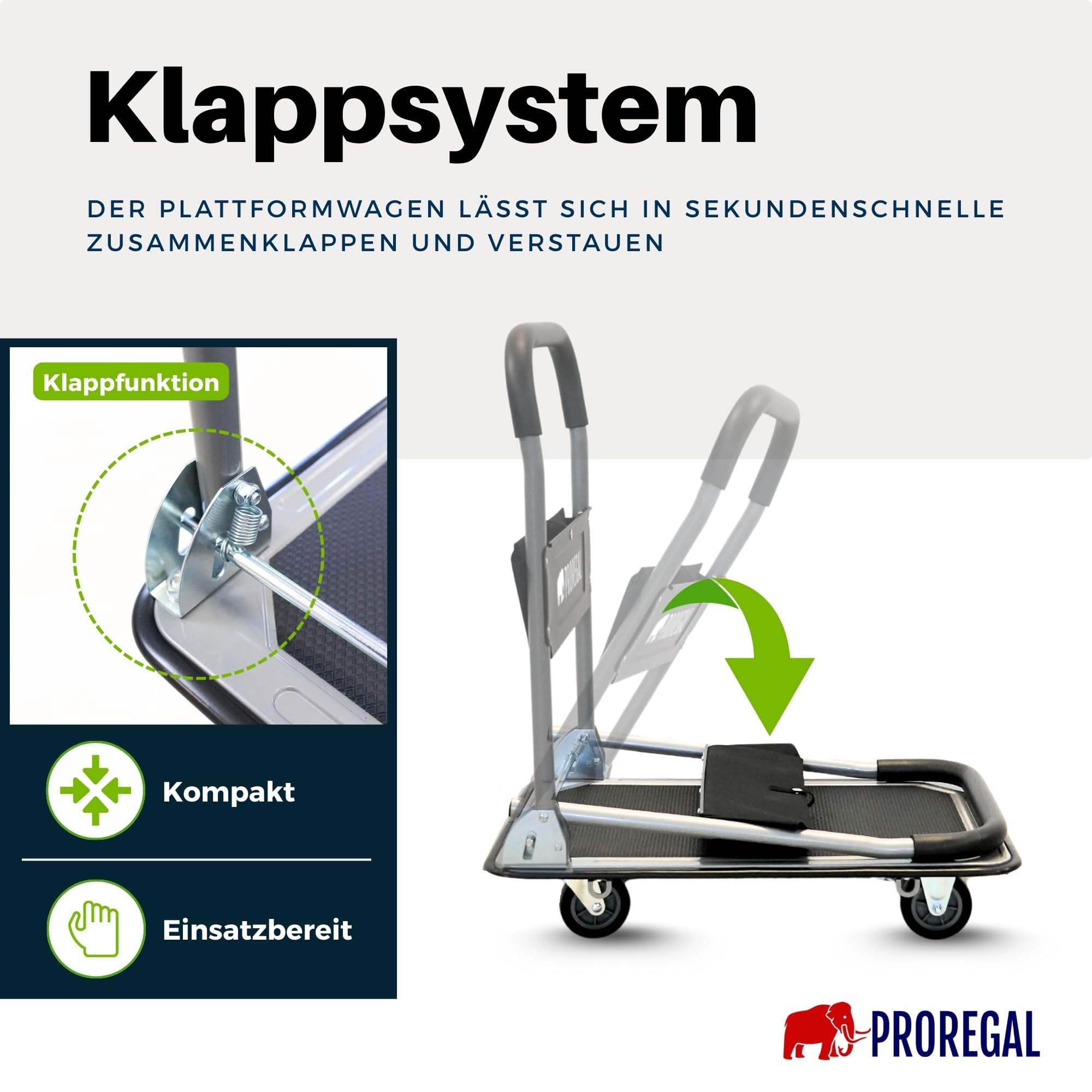 PROREGAL Profi-Plattformwagen Transportwagen Rhino 150kg klappbar mit Gummiräder, 360° Lenkrollen & Bockrollen mit Feststellbremse, mit Werkzeugtasche & 6 Sicherungsösen, Transporthilfe groß & leicht
