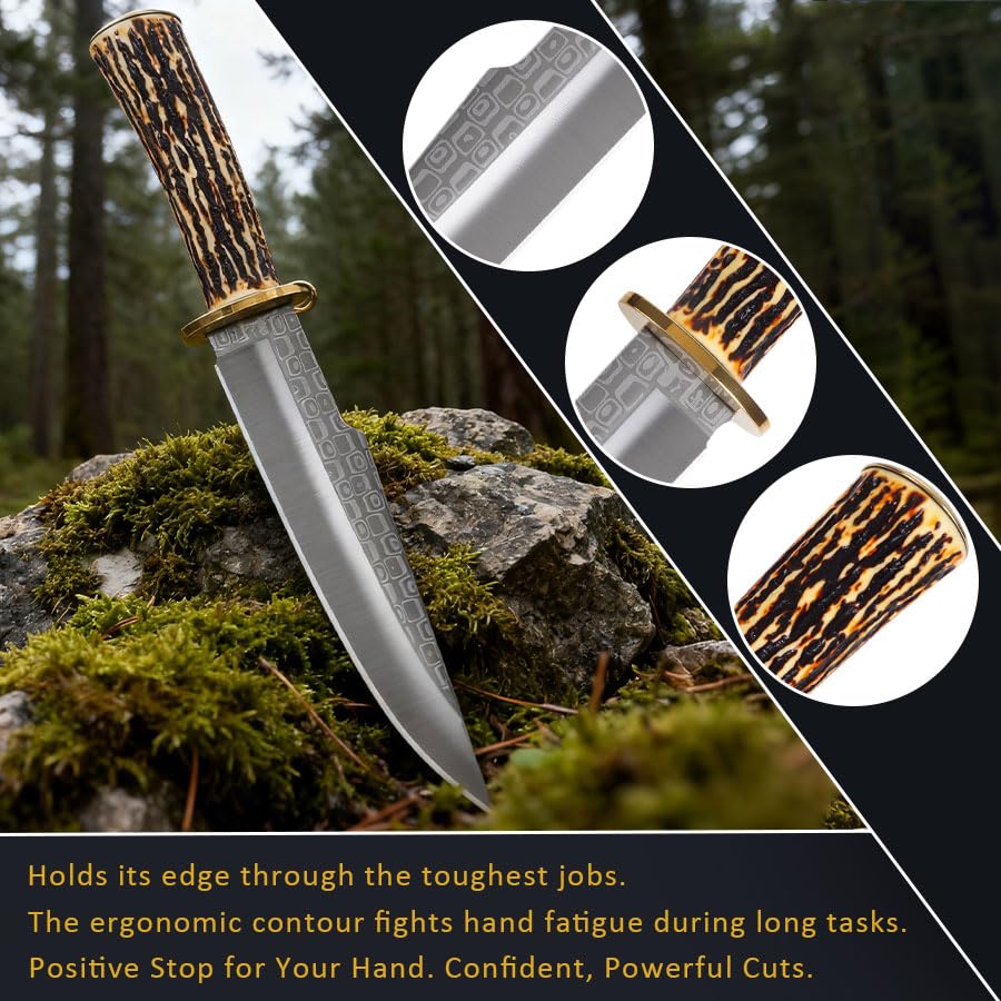 Couteau Outdoor 31cm – Lame Clip-Point Style Californien avec Texture Patinée, Garde Classique en Laiton, Poignée Imitation Corne de Cerf, Compagnon Robuste pour la Nature