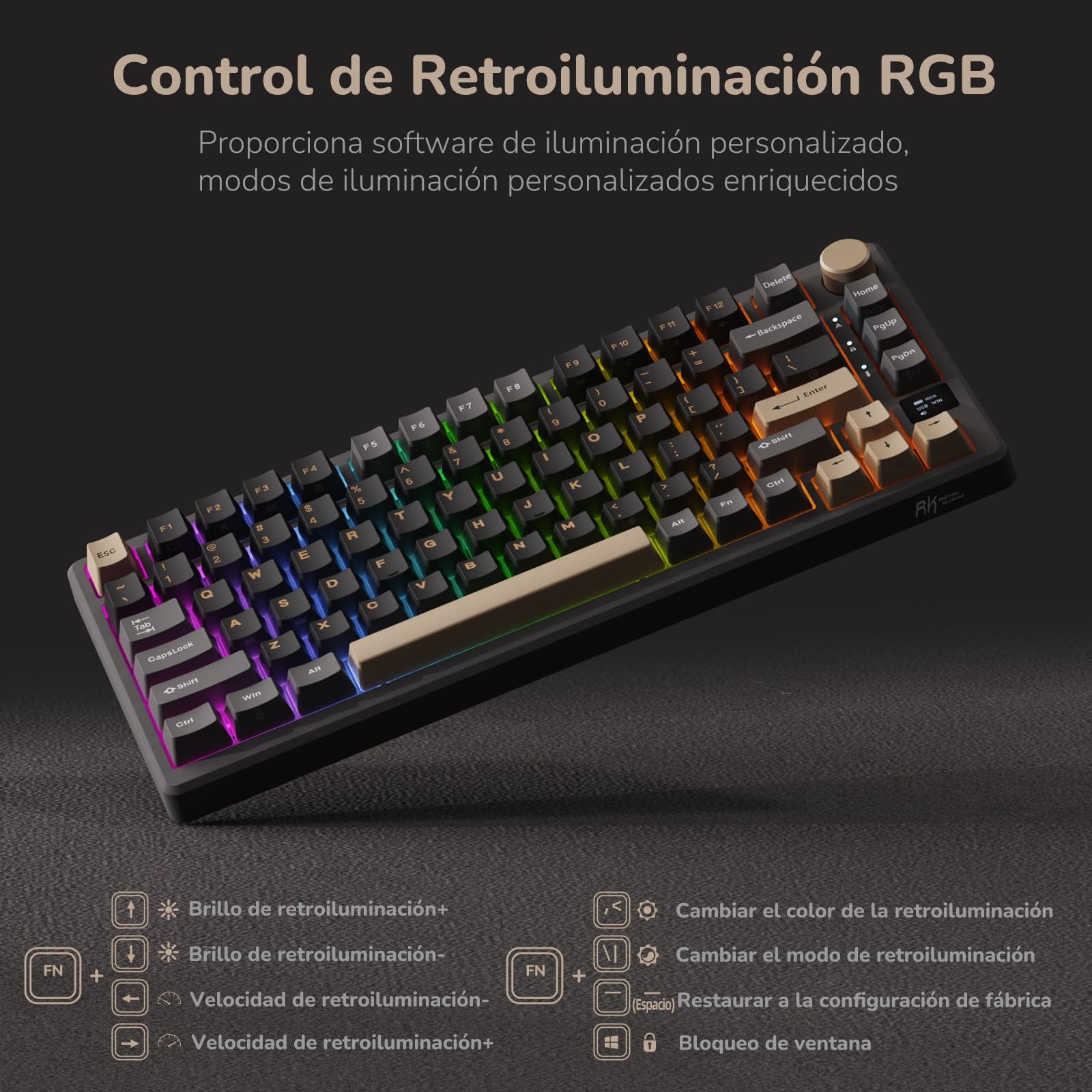 RK ROYAL KLUDGE M75 Teclado Mecánico Inalámbrico con Pantalla OLED, 75% Gasket Bluetooth/2.4G/USB-C, Layout US Teclado con 81 Teclas, Retroiluminación RGB, Hot-Swap (Interruptor Rojo, Gris)