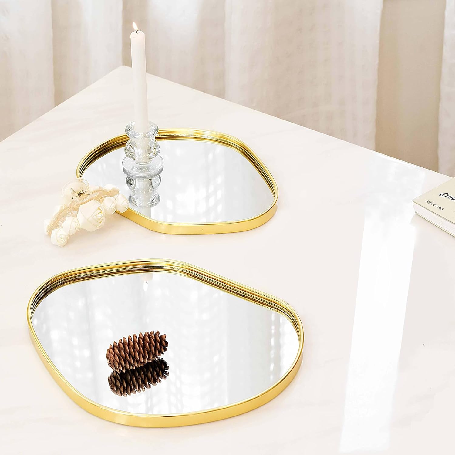 Perfum Trays,Gold Mirror Tray,Vanity Decorative Tray,Non Slip Potato-Shaped Perfume Organizer for Jewelry,Bathroom,Coffee Table (Potato-Shaped(M+l)