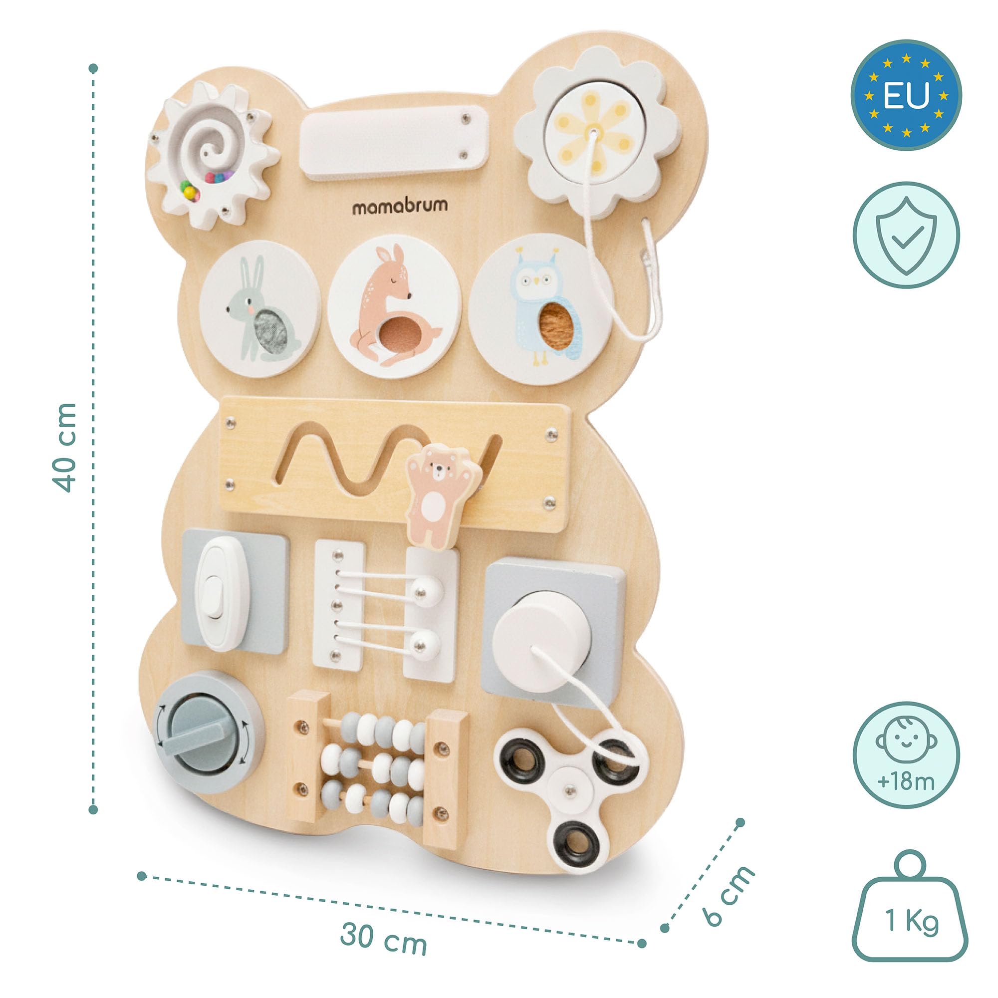mamabrum Tabla Sensorial Montessori Oso – Juego Educativo Manipulación & Motricidad, Laberinto, Velcro, Enchufe & Botón Clic, Madera Sólida, Desarrollo Coordinación Bebés Niños