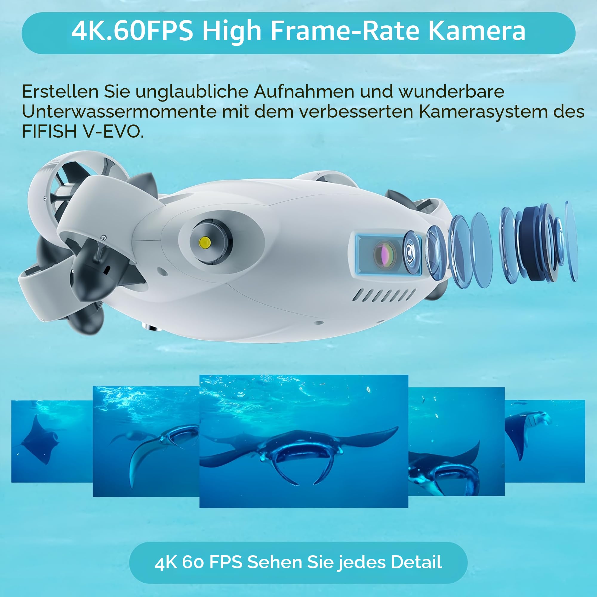 FIFISH V-EVO 4K Unterwasser-Drohne mit Roboterarm AI-Visionssperre 360° allrichtungsfähige Bewegung 100M Tauchen Unterwasser-ROV (Roboterarm hinzufügen)