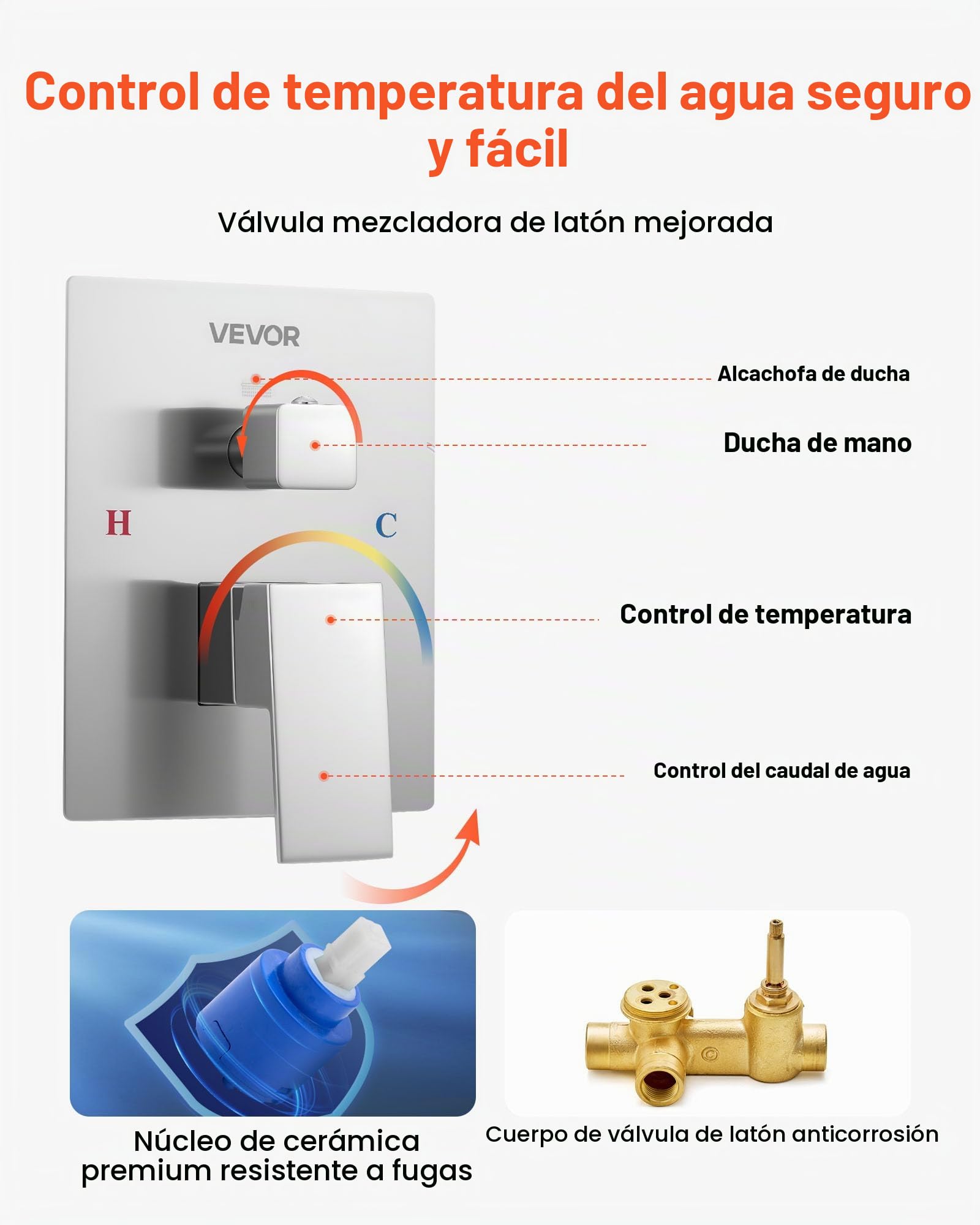 VEVOR Juego de Grifo de Ducha de Lluvia con Cabezal de Ducha Cuadrado de 30,5 cm y Rociador de Mano, Grifería de Techo con Válvula de Latón y Kit de Embellecedor, 6,7 L/min, Níquel Cepillado