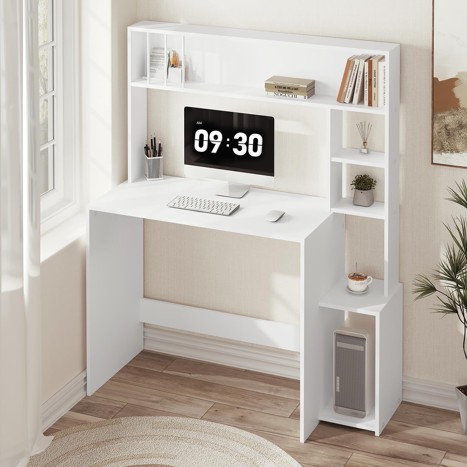 eSituro Tavolo per Computer con Libreria, Scrivania con 5 Ripiani, Scrivania per Bambini, Camera da Letto, Ufficio, Bianco, 113,5x45x139 cm