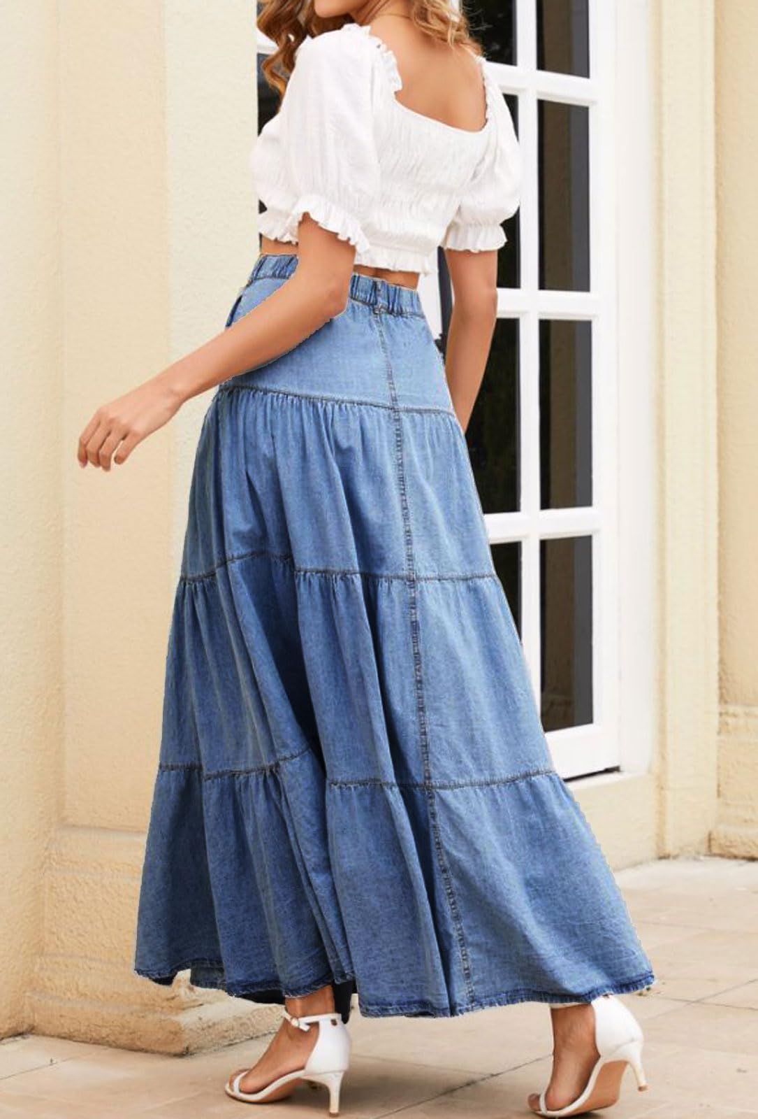 loveimgs Jupe longue en jean taille haute élastique pour femme avec boutons et volants, poche patchwork Y2k