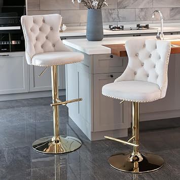 Luxury Velvet Bar Stools Set of 2 Swivel Kitchen Breakfast BarStool Adjusatble Height Bar Chairs for Counter with Golden Base 2, Beige Gold