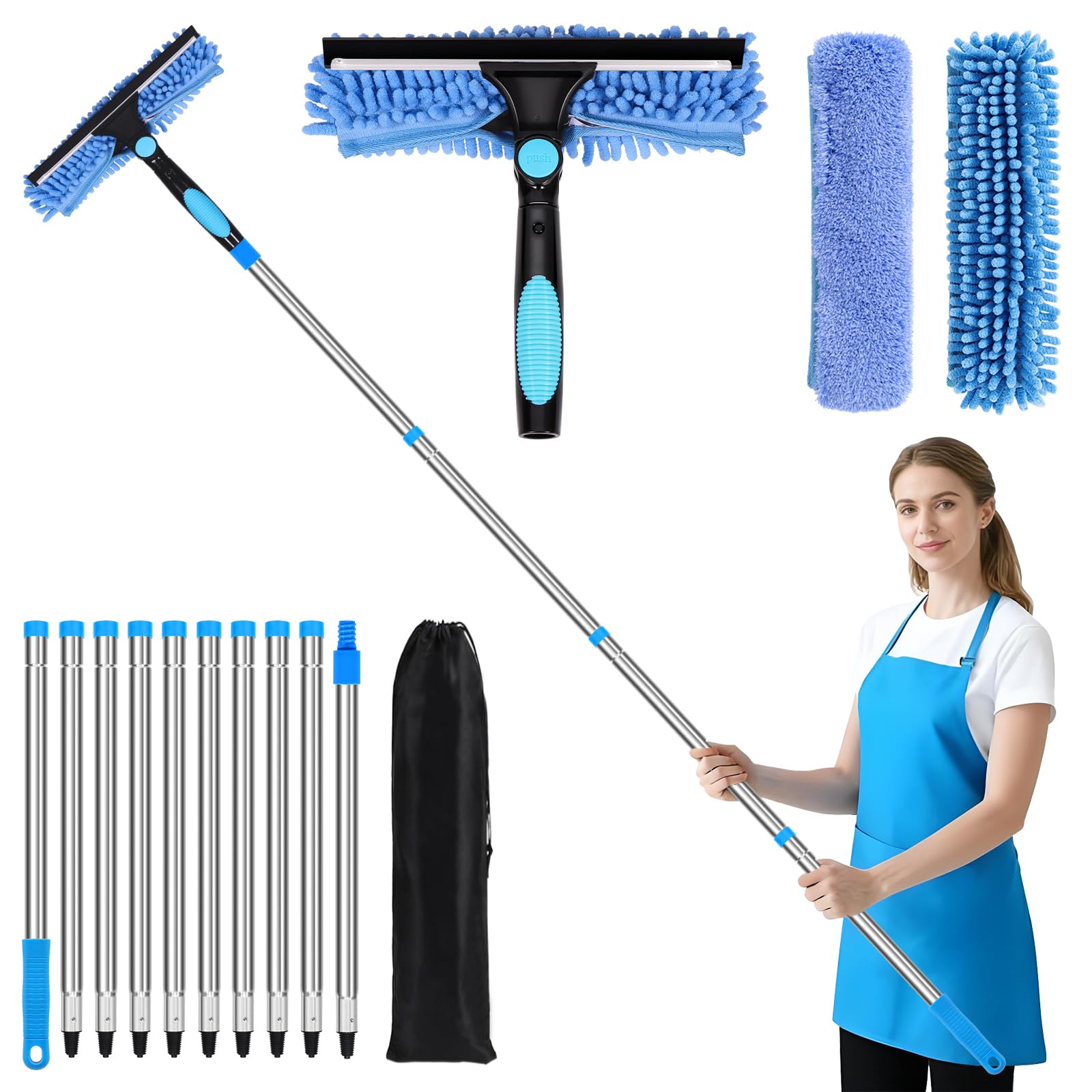 Venuso 3.9M/12.7FT Window Cleaning Equipment, 2 in 1 Extendable Window Cleaning Pole Window Squeegee Cleaner Kit for high Windows, Solar Panels, Car