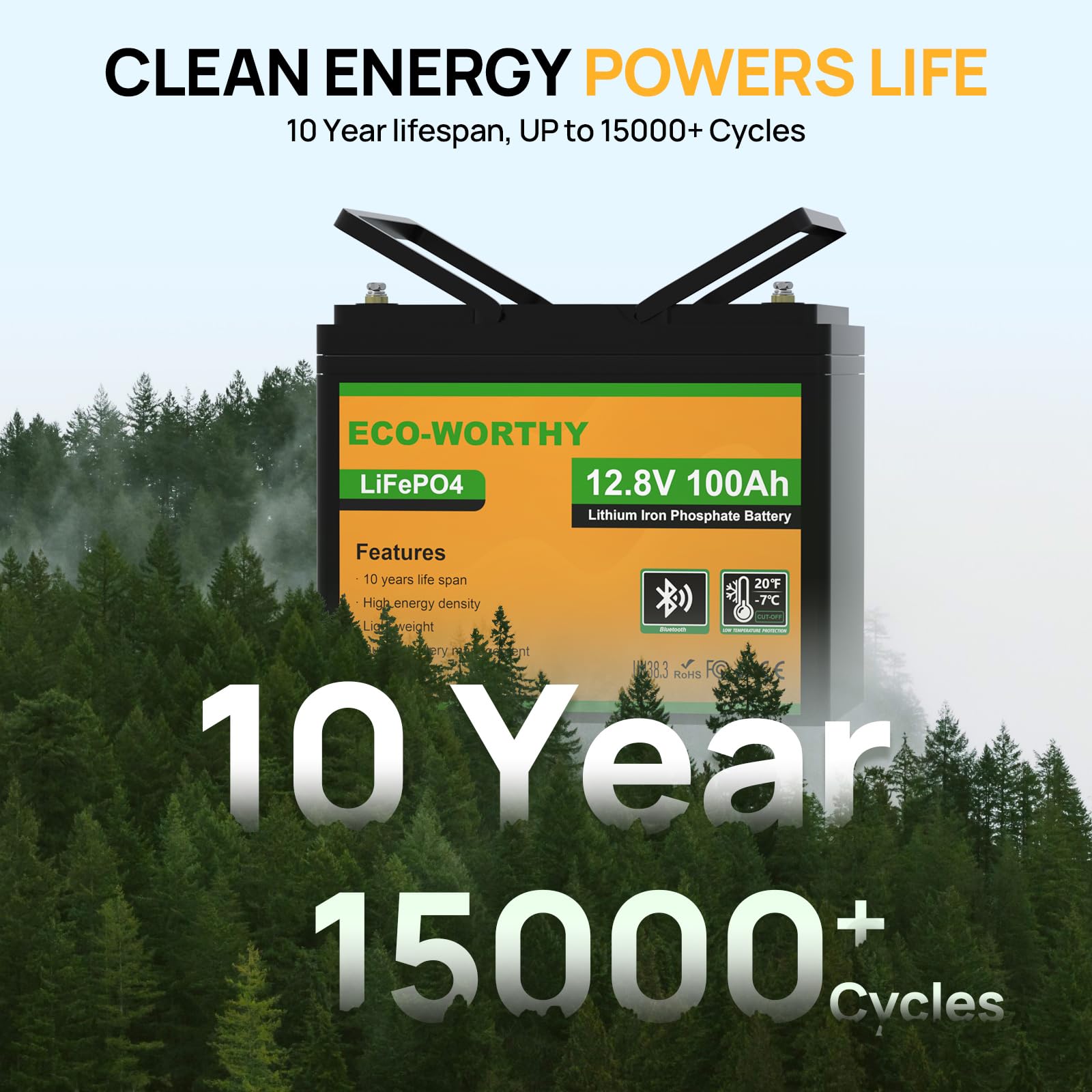 ECO-WORTHY Bateria litowa Bluetooth 12 V, 100 AH, LiFePO4 akumulator, inteligentny BMS, z ochroną w niskiej temperaturze, 1280 Wh do przyczep kamperów, samochodów kempingowych, łodzi