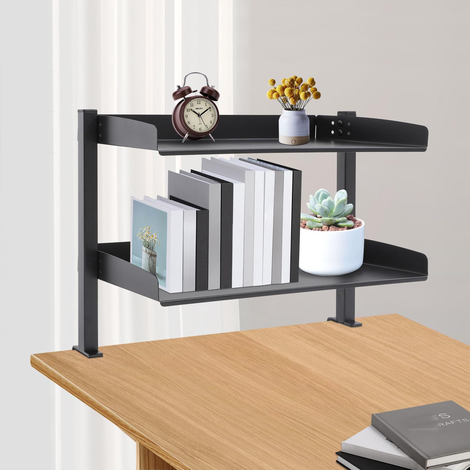 Organizer da scrivania a 2 ripiani, con morsetto regolabile, per scrivanie da 0 a 45 mm, nero