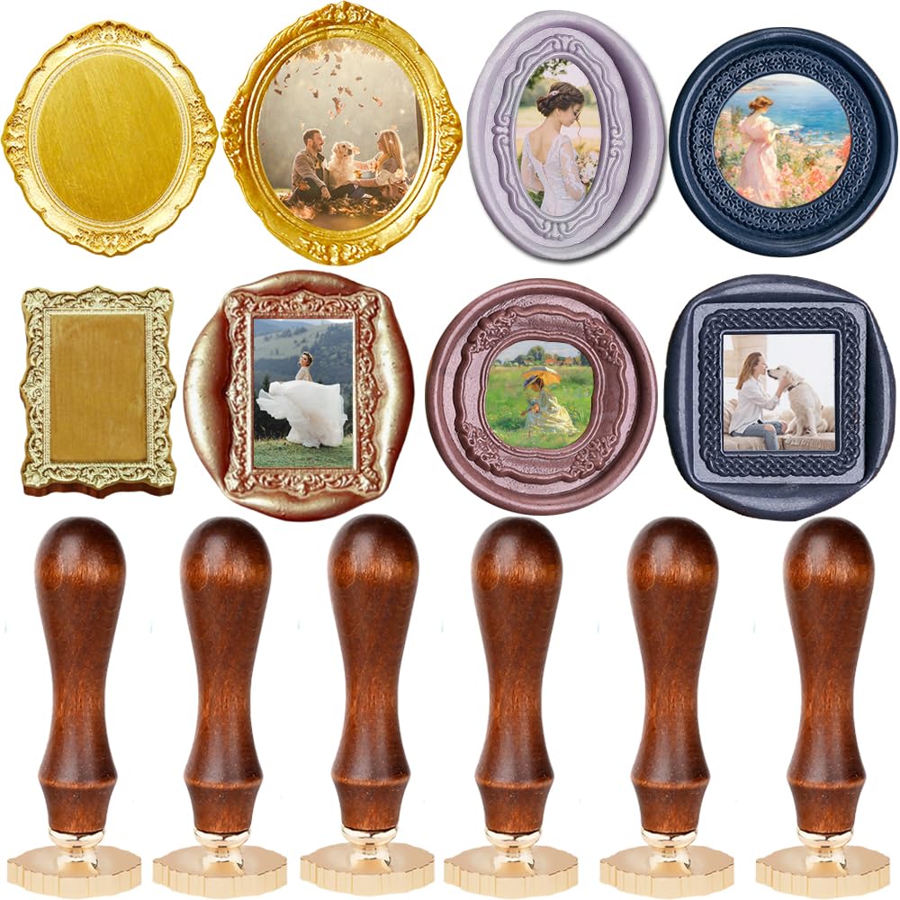 YOLAKIS 6 Frame Wax Seal Stamps with 6 Rosewood Handles,3D Embossed Sealing Stamp Elegant Relief Carving Picture Frame Wax Stamp for Wedding Invitations Gift Christmas Envelopes Decor