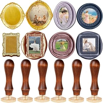 YOLAKIS 6 Frame Wax Seal Stamps with 6 Rosewood Handles,3D Embossed Sealing Stamp Elegant Relief Carving Picture Frame Wax Stamp for Wedding Invitations Gift Christmas Envelopes Decor