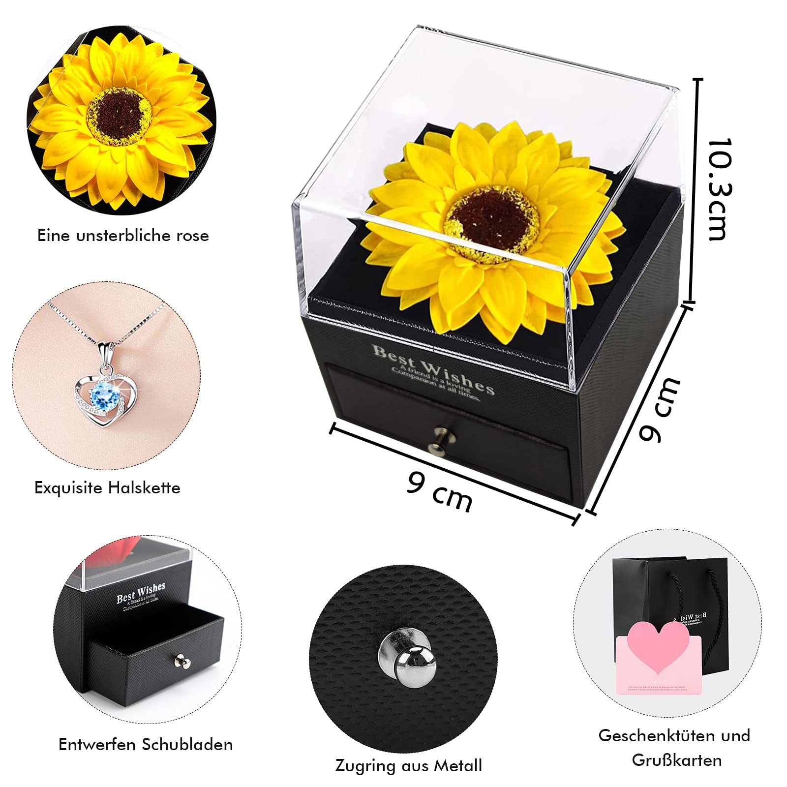 Squisita scatola regalo di girasole conservata con collana a forma di cuore, per donne per San Valentino, festa della mamma, anniversario, compleanno per mamma, sorella, moglie