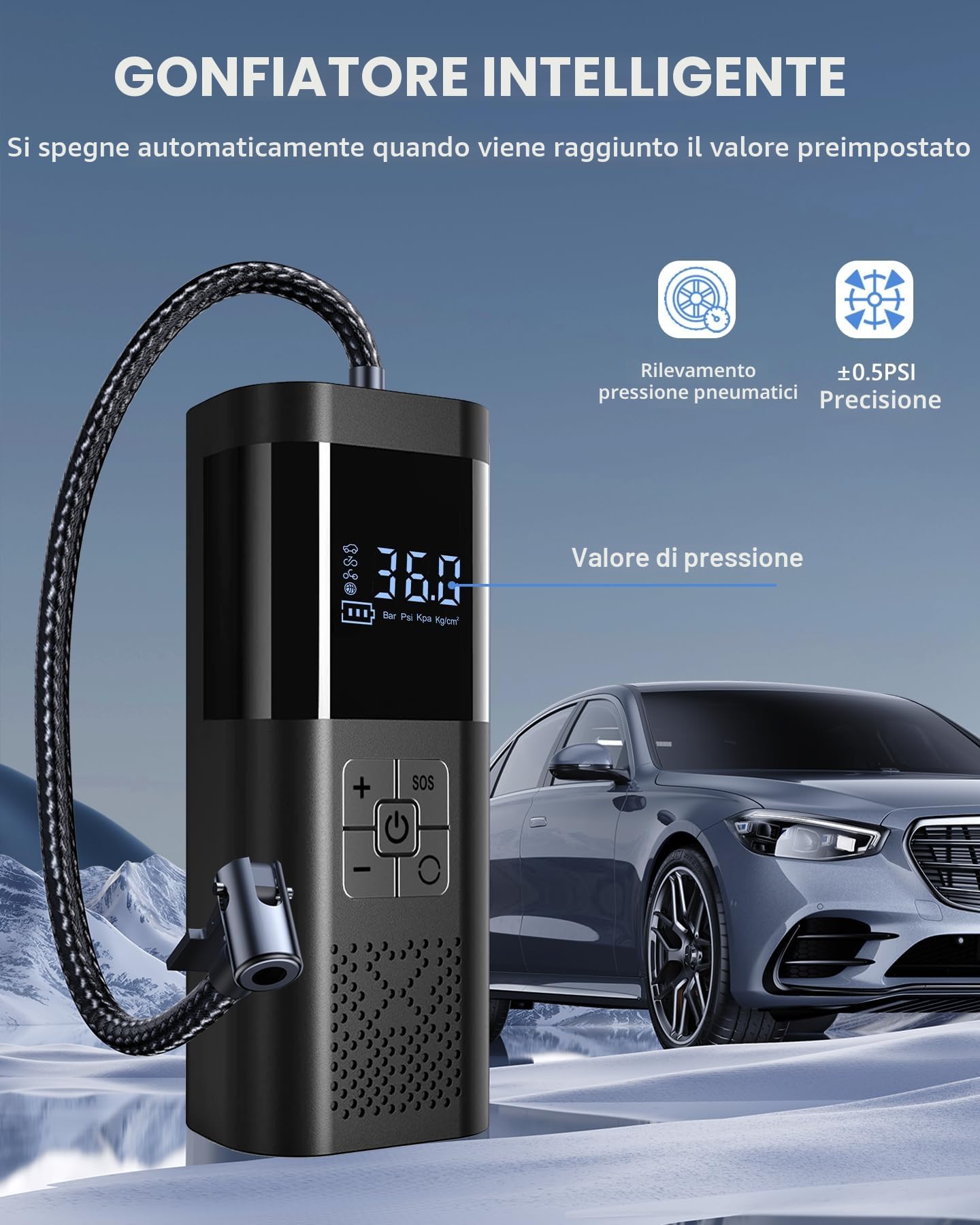 Compressore Aria Portatile, Mini Compressore a Batteria con Manometro, Accessori Auto per Gli Uomini Donne, 150PSI Gonfiatore Elettrico con Luce LED Adatto per Auto Moto Bici Palla