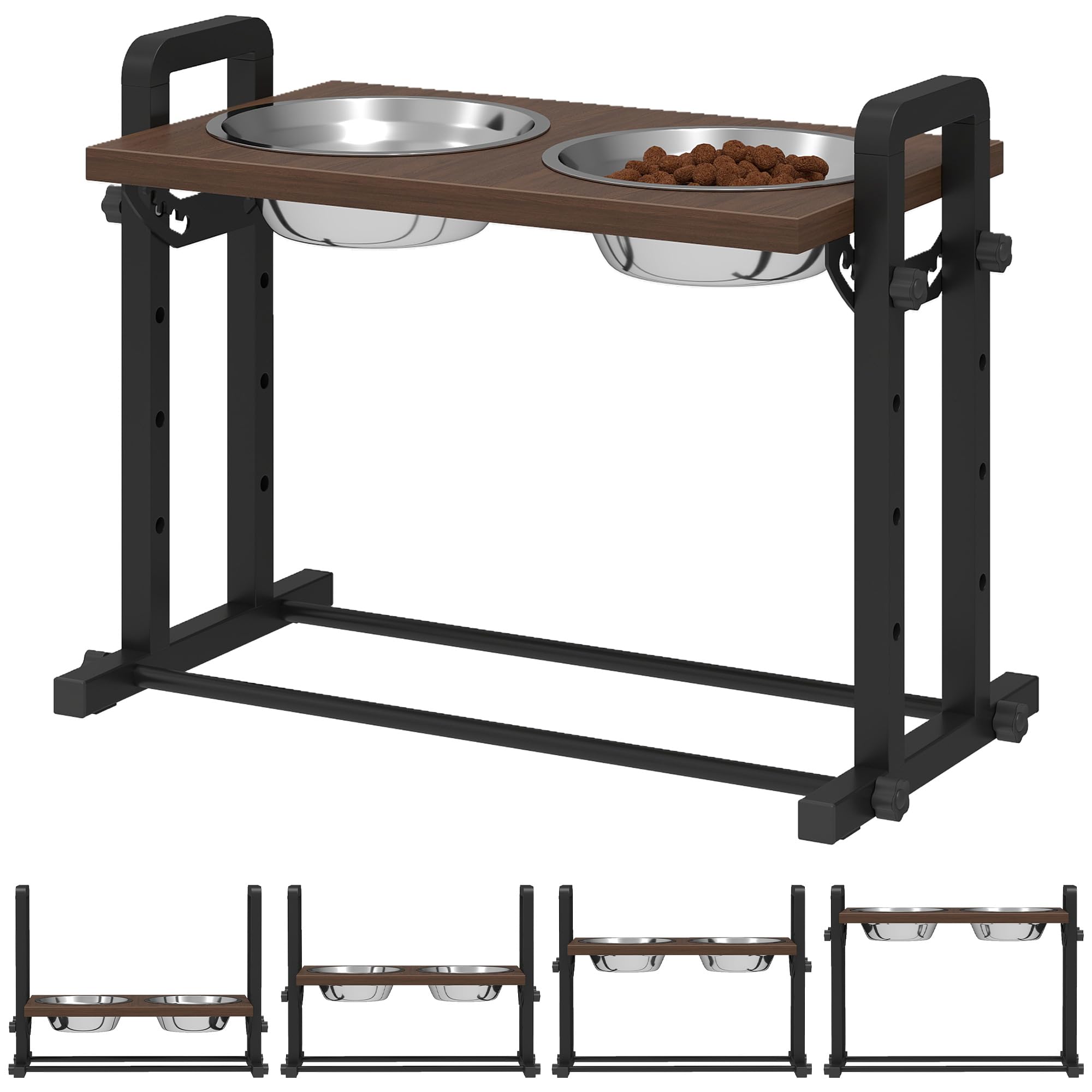 PawHut Raised Dog Bowls with Stand, 4 Heights Adjustable Elevated Dog Bowls with 2 Stainless Steel Bowls, Pet Feeding Station with 3 Adjustable Angles for Small, Medium & Large Breeds, Brown