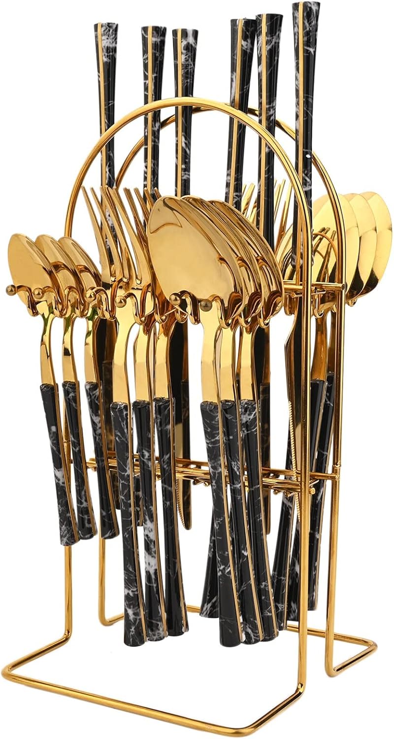 SHALOLY Juego de Cubiertos con Mango de cerámica sintética Juego de Cubiertos de Cocina de Acero Inoxidable con Organizador Cubiertos de 24 Piezas (Color : 24Pcs Black Gold-Box) (24pcs Black Gold)