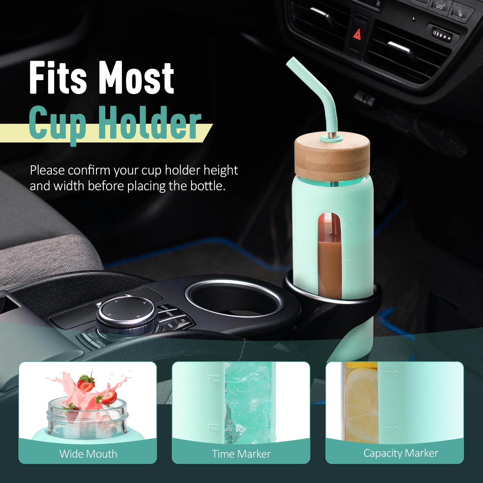 BLUEGO Borraccia Vetro 700ml con 2 Coperchi e Cannuccia, Sportiva Bottiglia d'Acqua con Custodia in Silicone e Indicatori di Tempo, Senza BPA, Azzurro