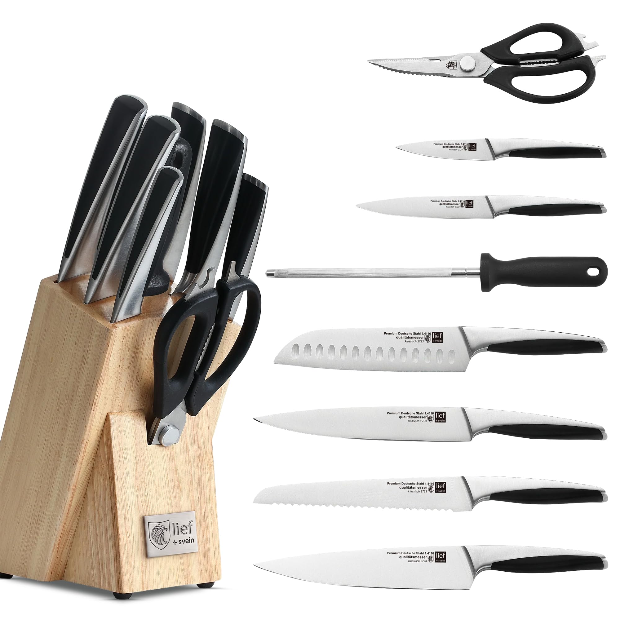 lief + svein German Steel Knife Block Set – 9-Piece Kitchen Knife Set with Wooden Block and Built-In iPad Holder – Premium Stainless Steel Knives, Ultra-Sharp, Ergonomic and Sustainable