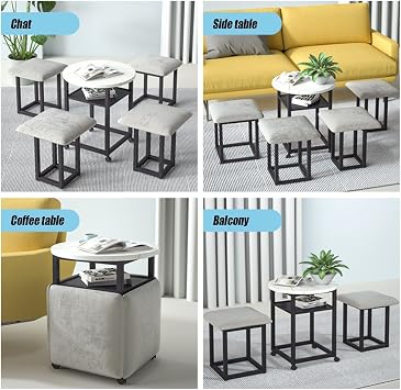 5 in 1 Combination Dining Table with 4 Stool, Space Saving Nesting End Table, Stackable Ottoman Stool Footrest Home Creative Cube Sofa Chair & Table (Color : Gray, Size : Black)