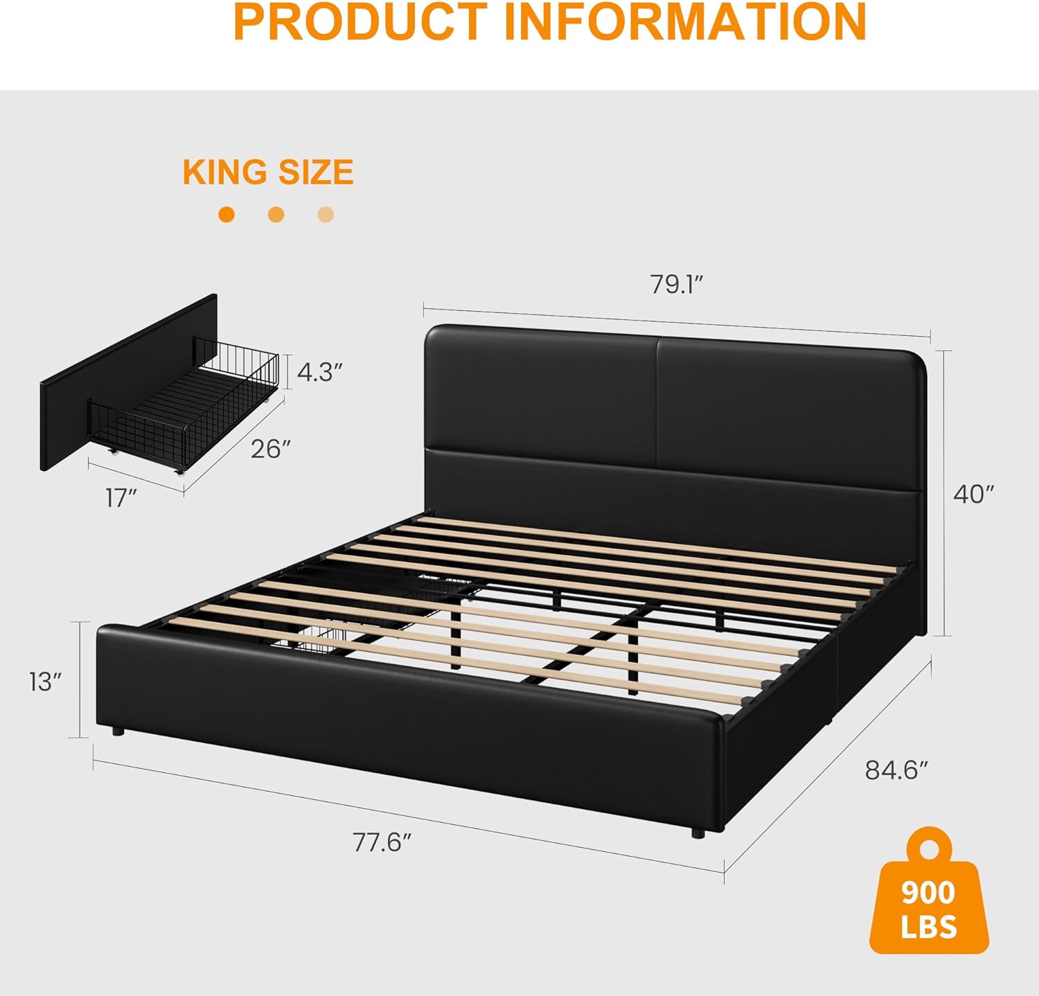 Takywep Bed Frame with Headboard, Fully Platform Upholstered Bed Frame with Storage Drawers, No Box Spring Needed, Noise-Free, Strong Wooden Slats Support, Easy Assembly