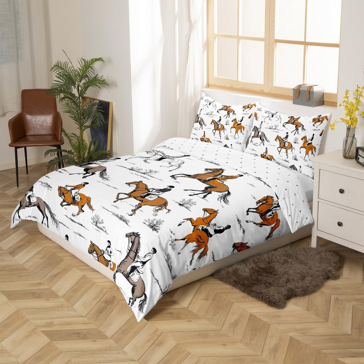 Erosebridal Racing Horse Duvet Cover Twin Equestrian Sport Bedding Set Horse Riders Comforter Cover for Kids Boys Teens Men Bedroom Vintage Western Cowboy Style Quilt Cover with 1 Pillow Case