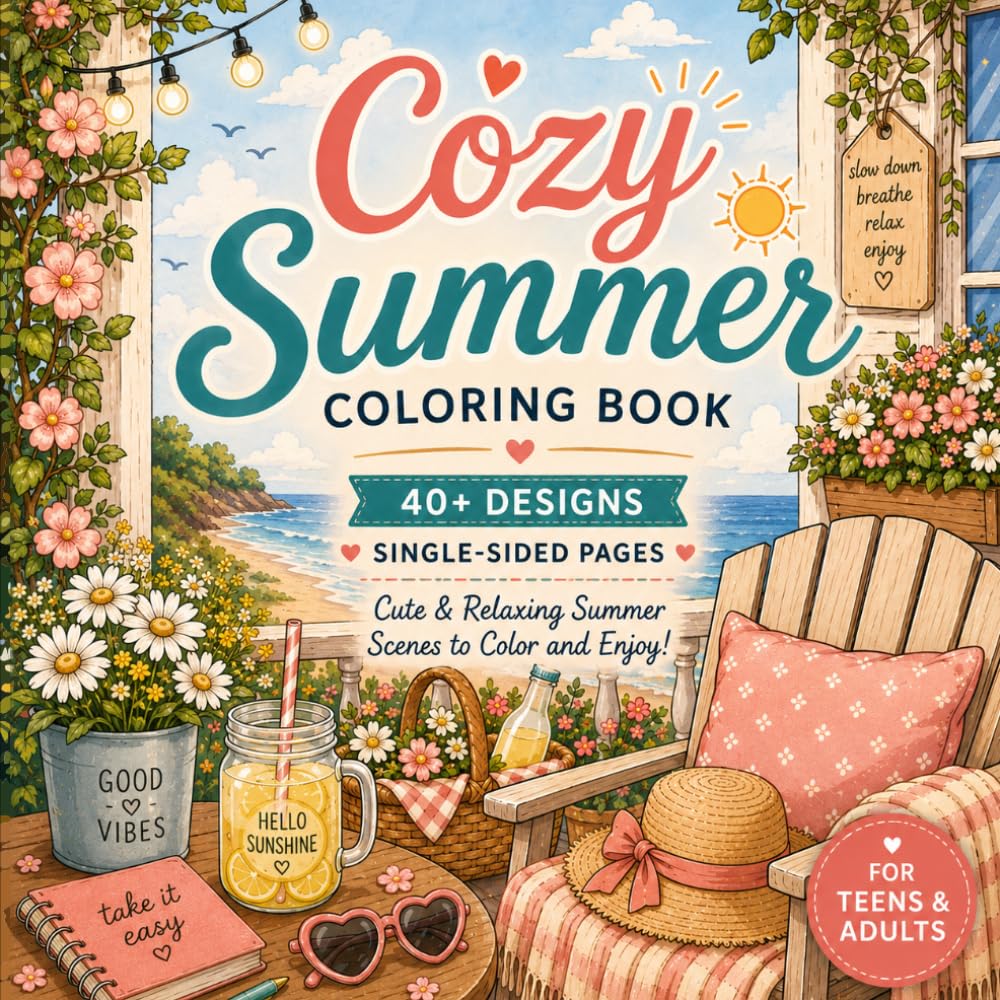 Cozy Summer Coloring Book: Cute, Bold, Easy Design. Perfect for Adults and Teens. Beginners and Advanced Colorists. (Cozy Girl)
