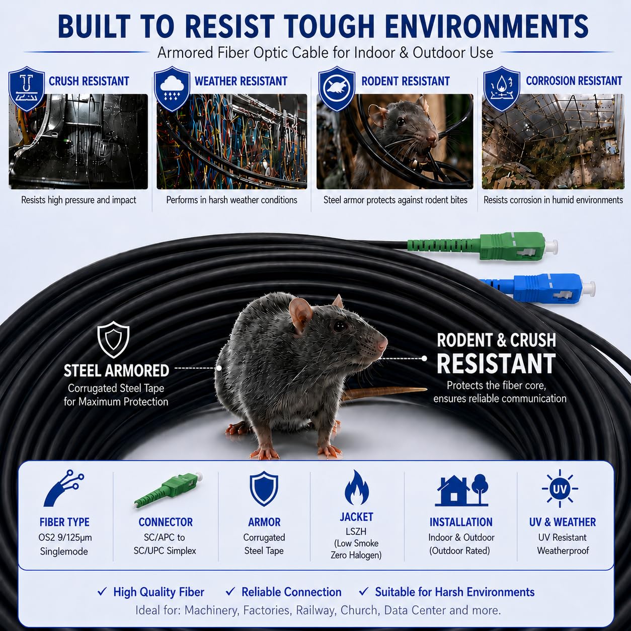 Elfcam® - Câble à Fibre Optique en Acier Blindé Compatible avec Freebox, Convient aux Installations Extérieur et Intérieur, SC/APC à SC/UPC Monomode Noir, 20M