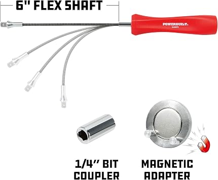 Powerbuilt Magnetic Oil Drain Plug Remover Tool, Flexible Shaft for Easy Reach, Hex Bit Magnet Adapter, Hold and Remove Plugs - Red 942072