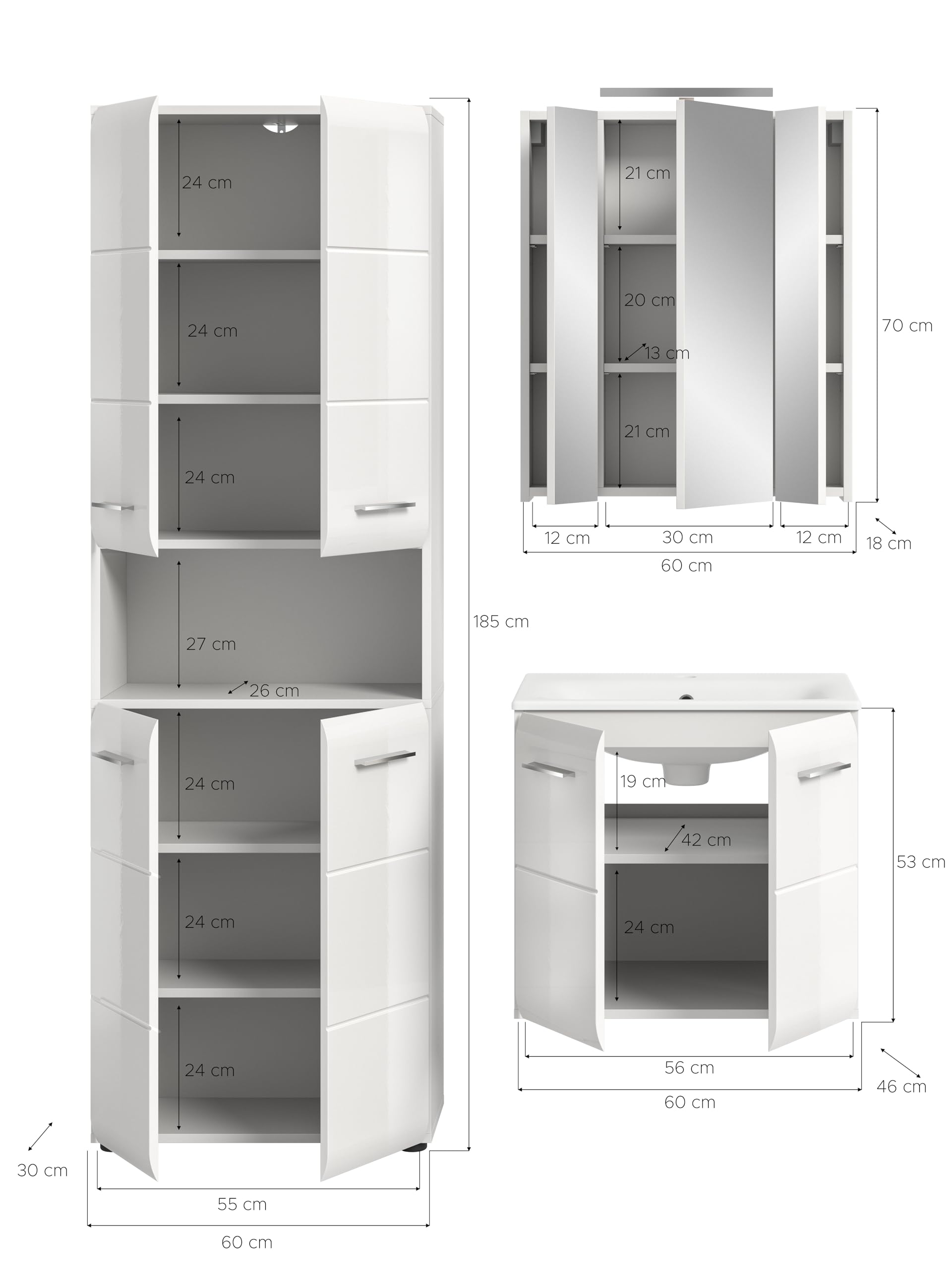 xonox.home – 3 TLG. Badkombination Ice 135x185x46 cm in Korpus weiß Nachbildung und Front weiß Hochglanz – Moderne Badezimmermöbel Kombination – stilvoll – Bild 4