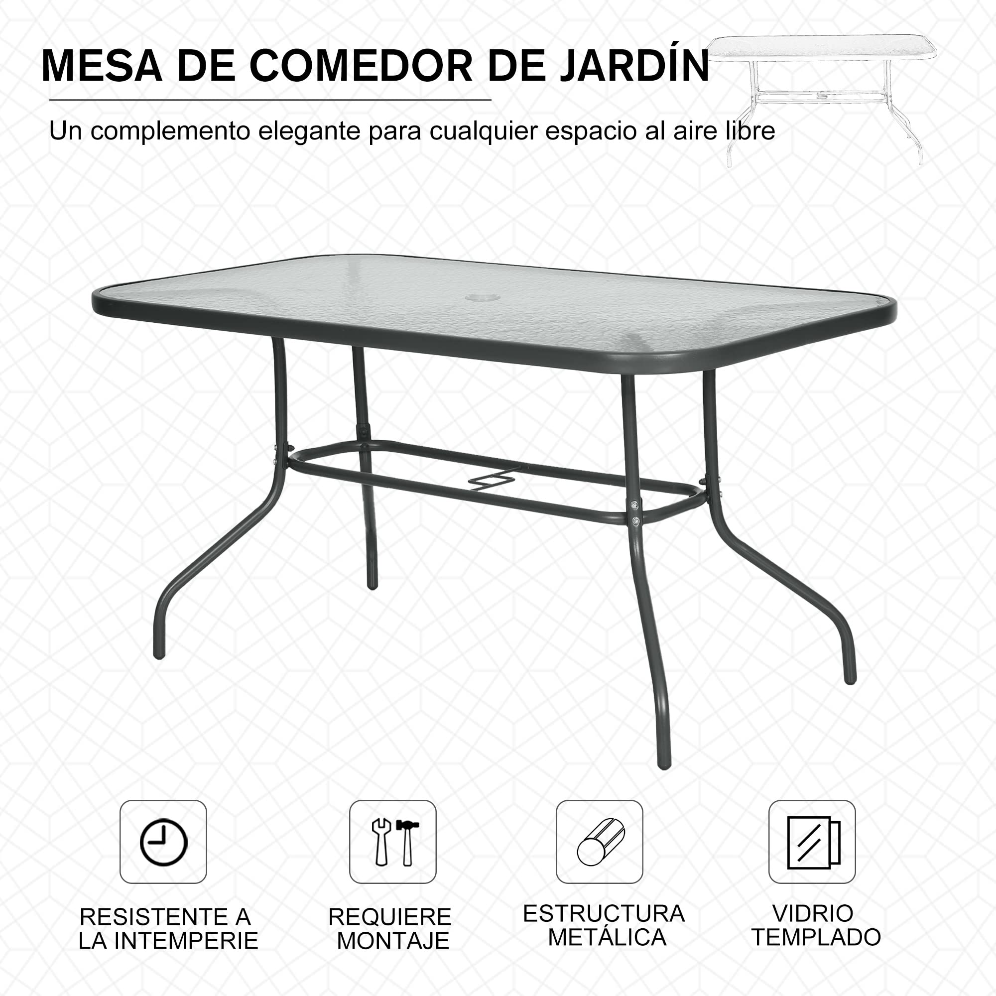 Outsunny Mesa de Jardín Exterior Rectangular de Metal Bordes Curvos con Orificio para Sombrilla Capacidad 70kg Vidrio Templado 140x80x70 cm Gris Carbón