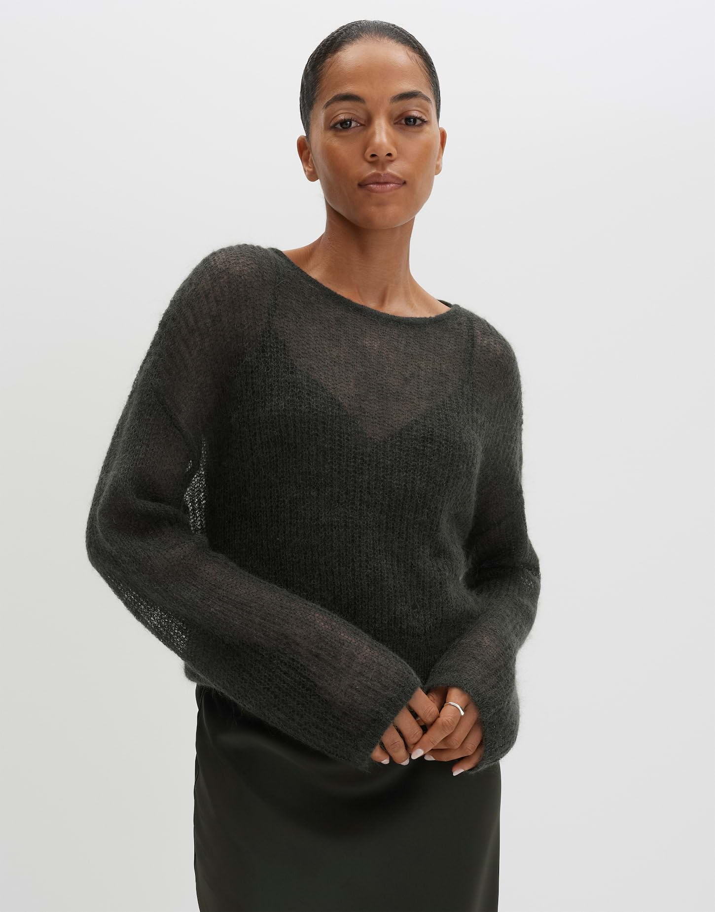someday Damen Pullover | Statement Stricker aus Mohair Woll Mix Loose Fit Midnight Olive, 38